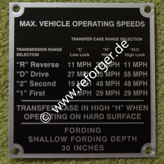 M998 Vehicle Max Speed Data Plate