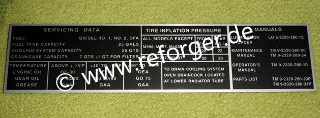 HMMWV M998 Vehicle Servicing Data Plate