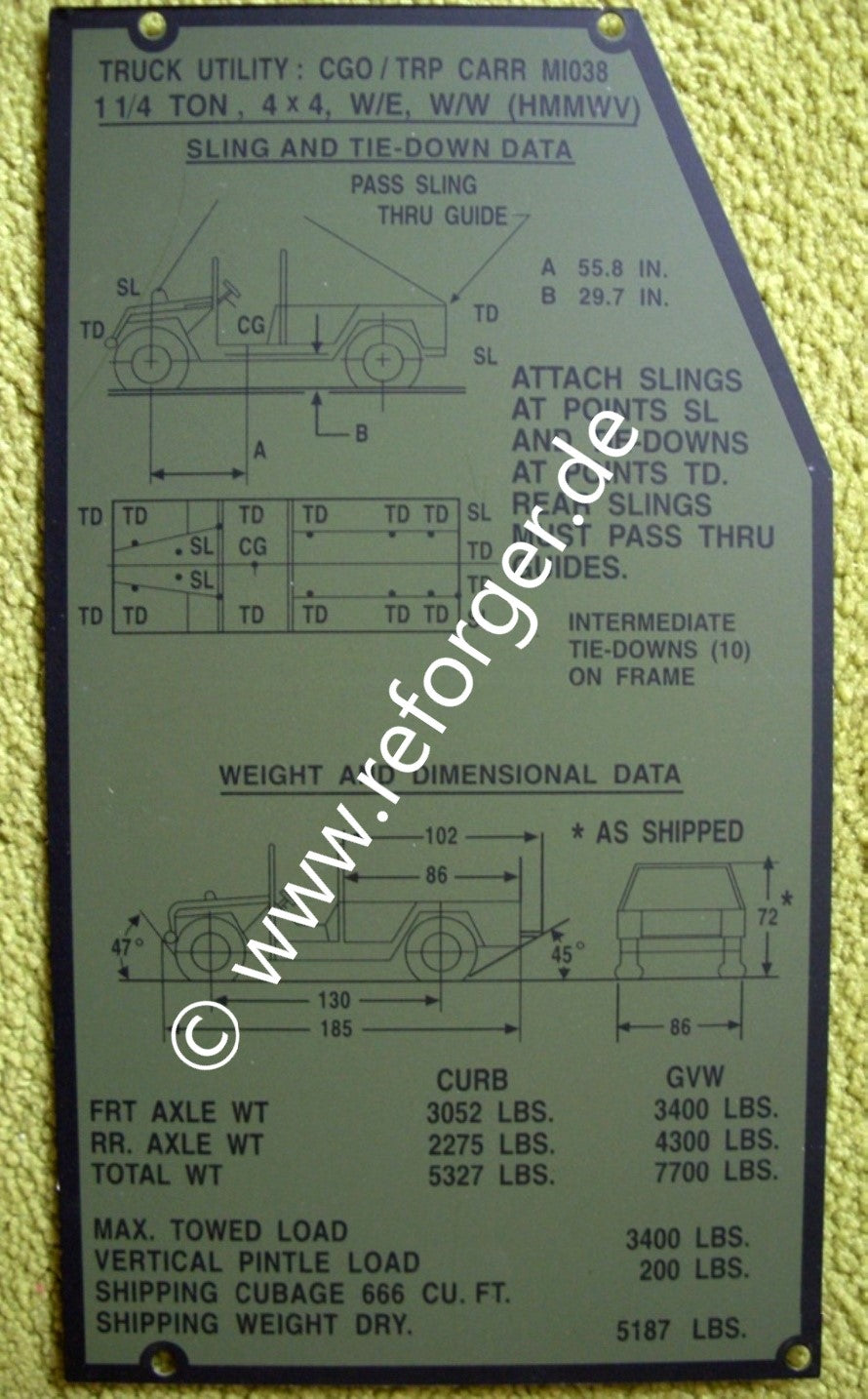 Typenschild mit Fahrzeugdaten für HMMWV M1038