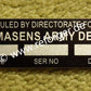 Data Plate des Pirmasens Army Depots mit Instandsetzungsdaten für HMMWV, Depot-Wartung und Reparatur von US-Militärfahrzeugen der M-Serie