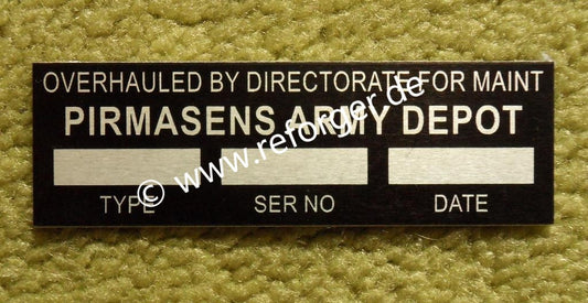 Data Plate des Pirmasens Army Depots mit Instandsetzungsdaten für HMMWV, Depot-Wartung und Reparatur von US-Militärfahrzeugen der M-Serie