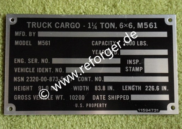 Gama Goat M561 Identification Plate Typenschild mit Fahrzeugidentifikationsdaten