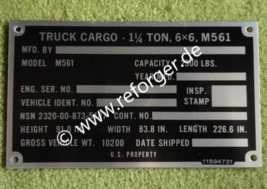 Gama Goat M561 Identification Plate Typenschild mit Fahrzeugidentifikationsdaten