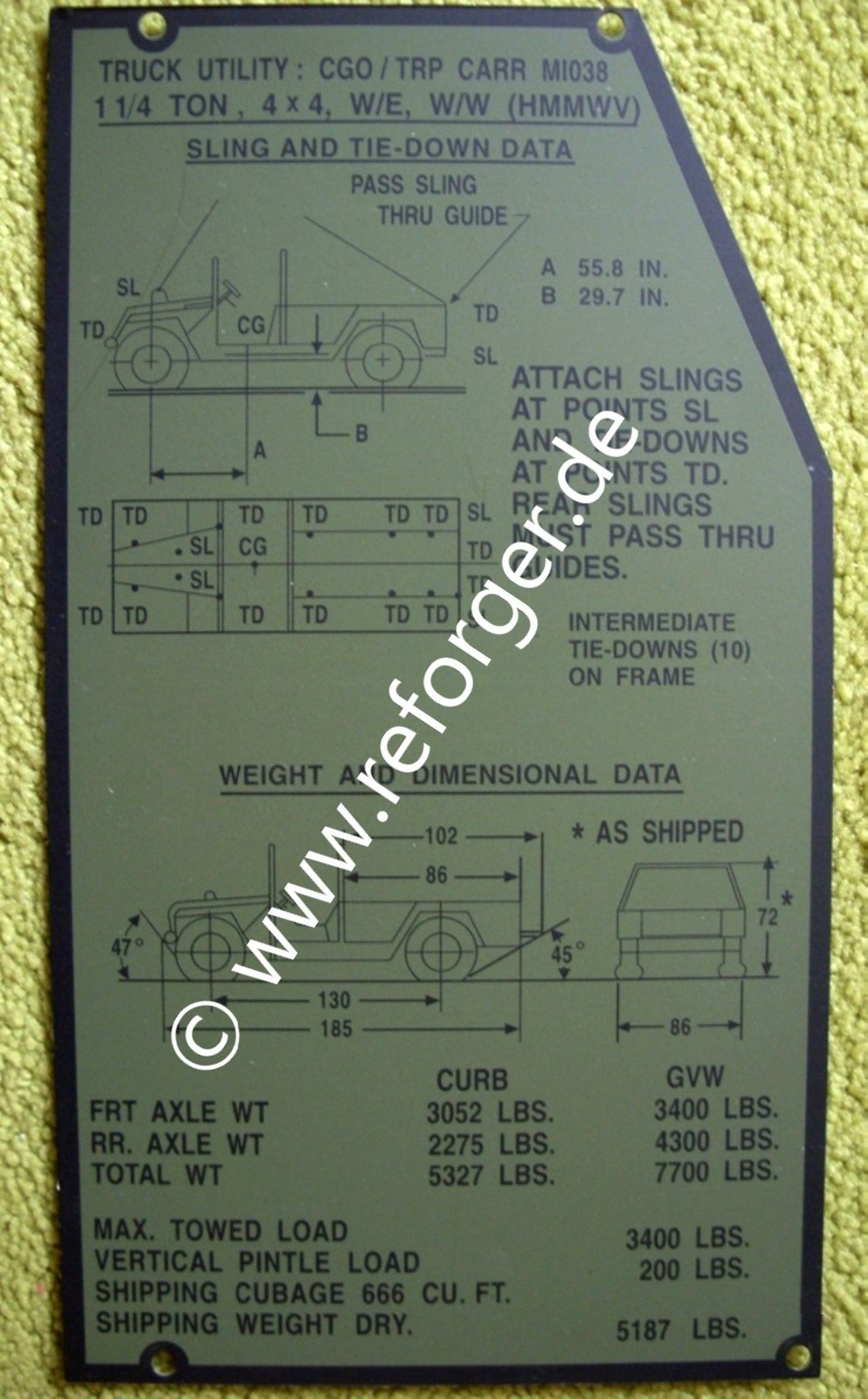 HMMWV M1038 Data Plate mit technischen Angaben zur Fahrzeugbelastung – erhältlich bei Reforger Military