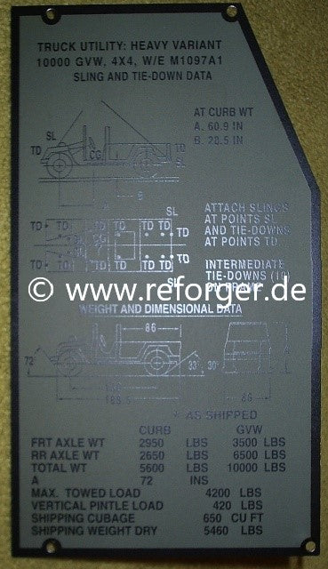 Typenschild mit Fahrzeugdaten für HMMWV M1097A1