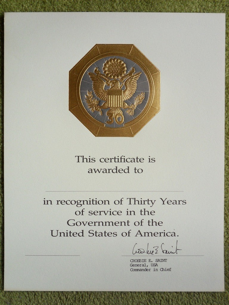 U.S. Government Career Award Thirty Years Of Service