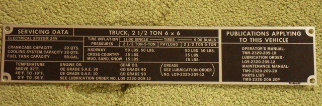 Reo M35 Fahrzeug Servicing Data Plate