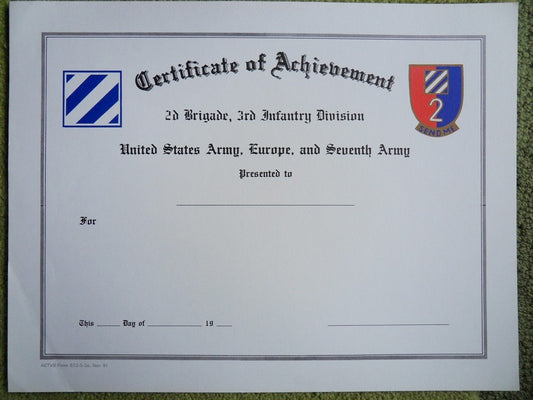 Certificate of Achievement, US Army 3rd Infantry Division