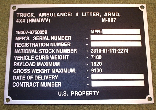 HMMWV M997 Data Plate